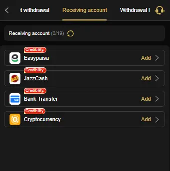 PKR98 withdrawal page showing Easypaisa JazzCash bank transfer and crypto options