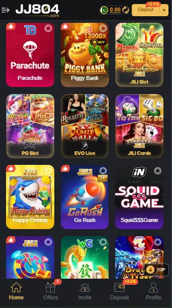 JJ804 game lobby with slots, fishing and casino games