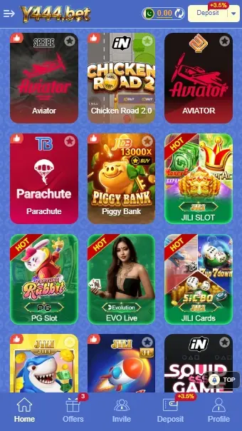 Y444 game dashboard showing Aviator, JILI Slot, PG Slot and EVO Live