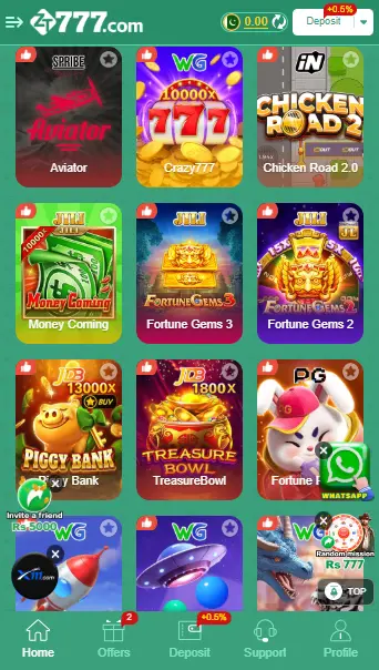 ZT777 Game home screen with popular slot and arcade games