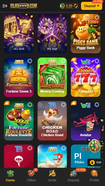 Play7778 casino games list screen