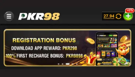 PKR98 registration bonus banner with download reward and first recharge offer