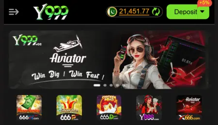 Y999 Game app interface with Aviator game and wallet balance