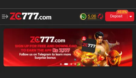 ZC777 Game homepage banner promoting signup bonus.