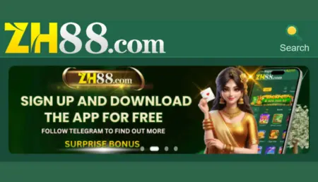 ZH88 game signup banner promoting free app download and surprise bonus