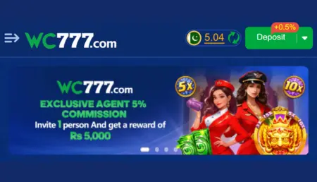 WC777 Game homepage banner showing exclusive agent 5% commission offer and Rs 5,000 reward