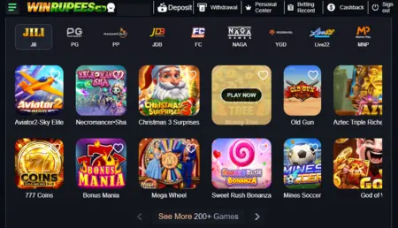 WinRupees Game lobby with popular slots and casino games displayed