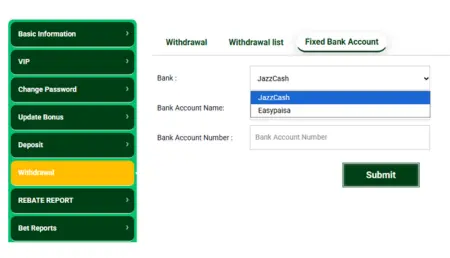 KingPK999 withdrawal page showing JazzCash and Easypaisa options