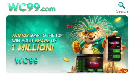 WC99 Aviator promotional banner showing rewards and game interface