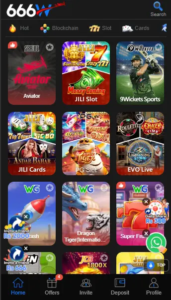 666W app home screen showing casino and slot games in Pakistan