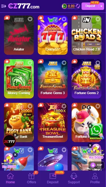CZ777 Game homepage showing popular casino and slot games