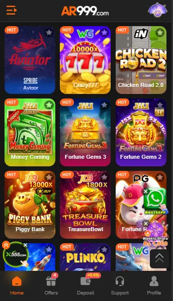 AR999 game menu showing Aviator, slots, and casino games