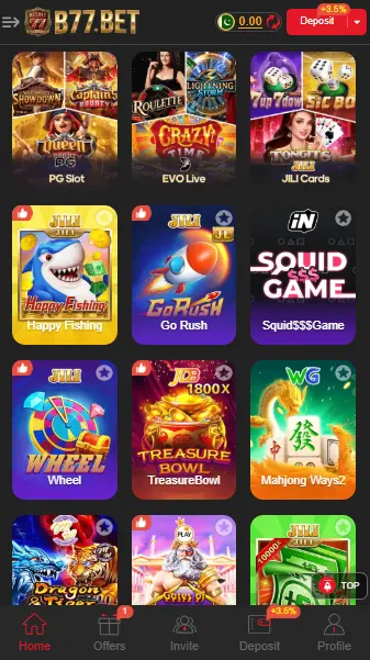 B77 Game home screen showing slot games, fishing, and card game options