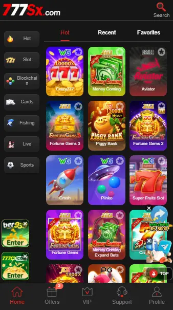 777SX Game lobby with popular casino and slot games
