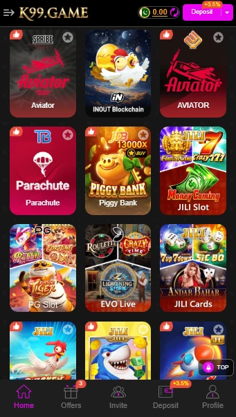 K99 Game lobby showing Aviator, JILI Slot, PG Slot and live casino games