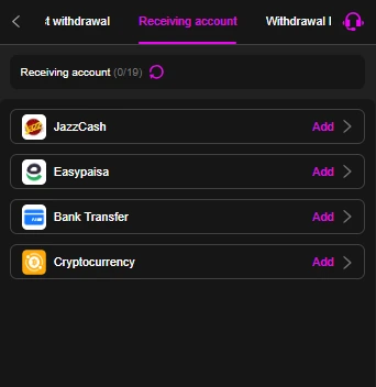 K99 Game withdrawal options showing JazzCash Easypaisa bank transfer and cryptocurrency