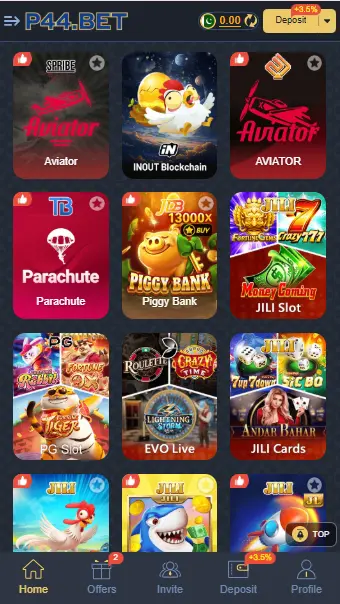 P44 Game app dashboard showing aviator and slot games
