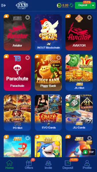 J33 Game home screen showing casino and slot games