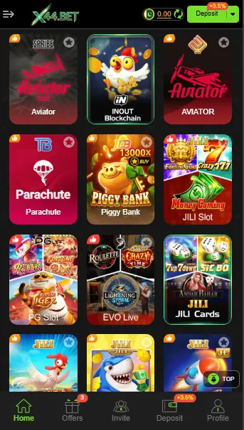 X44 Game slot and casino lobby with multiple games