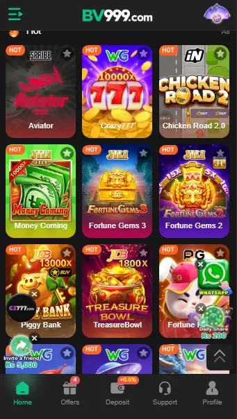 BV999 Game dashboard showing slot, card and casino games