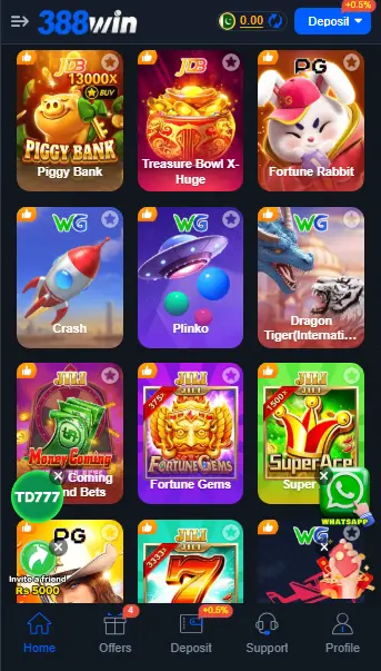 388Win app games dashboard with slots and crash