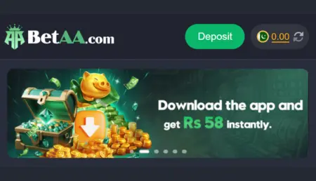 BetAA Game app banner with Rs 58 signup bonus and deposit option