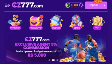 CZ777 Game homepage banner with bonuses and cricket promotion