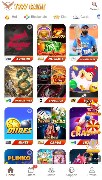 Y777 Game home screen showing slots, cards, and casino games