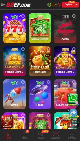 88EF card gaming platform interface with casino and slot games in Pakistan