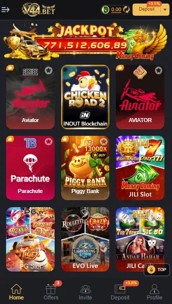 V44 game jackpot section with slots, aviator, and live casino