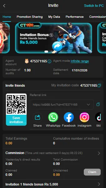 CT999 Game referral dashboard showing invite friends option and commission system