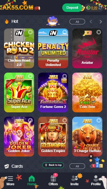 AK55 game lobby showing popular casino and slot games