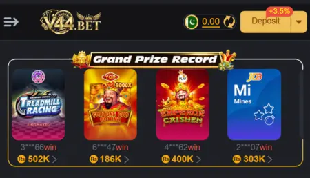 V44 game dashboard showing grand prize records and popular games