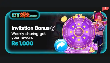 CT999 Game invitation bonus banner showing weekly sharing reward feature