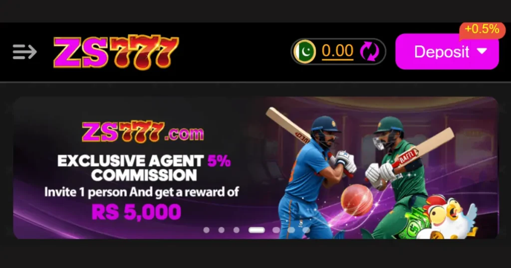 ZS777 Game Pakistan homepage showing bonus offers and referral rewards