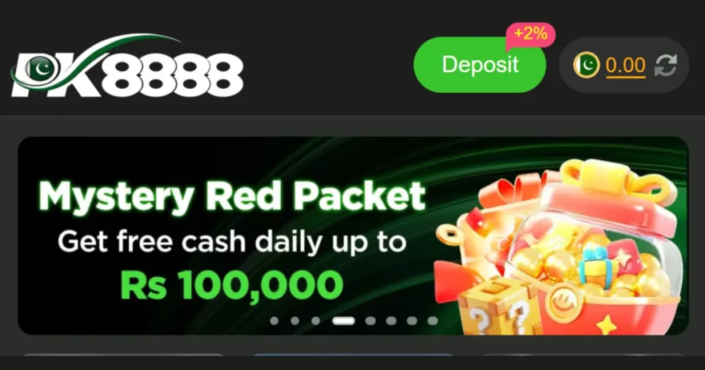 PK888 gaming app banner featuring red packet reward promotion