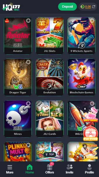 HQ177 app home screen showing different game options