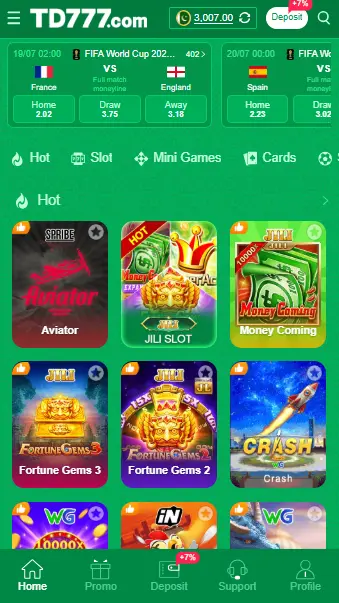 TD777 Game Android app home screen showing game categories and interface in Pakistan
