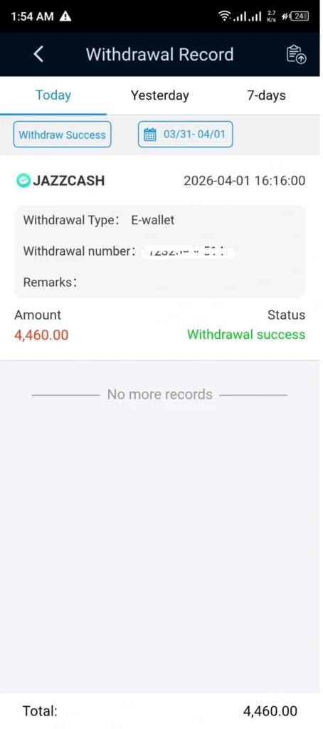 BetPKR JazzCash withdrawal success screenshot with private details hidden
